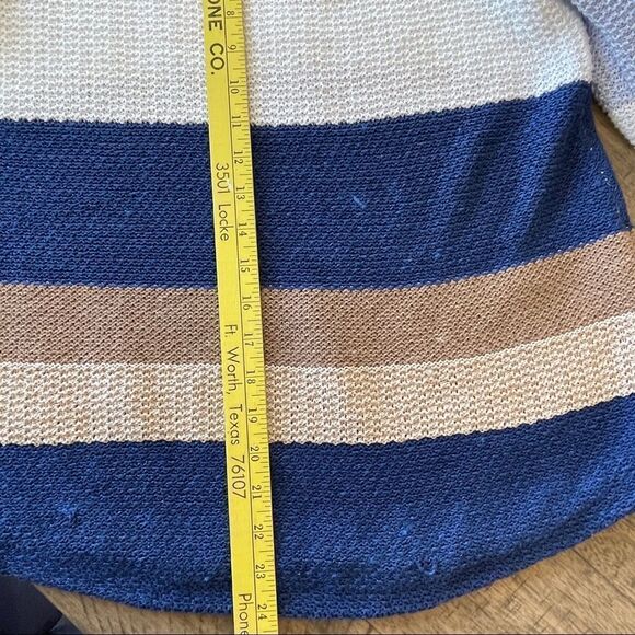 Chico's Cotton Blend Multi Striped Blue, Tan and White Boatneck Sweater Size 8 - Picture 6 of 7